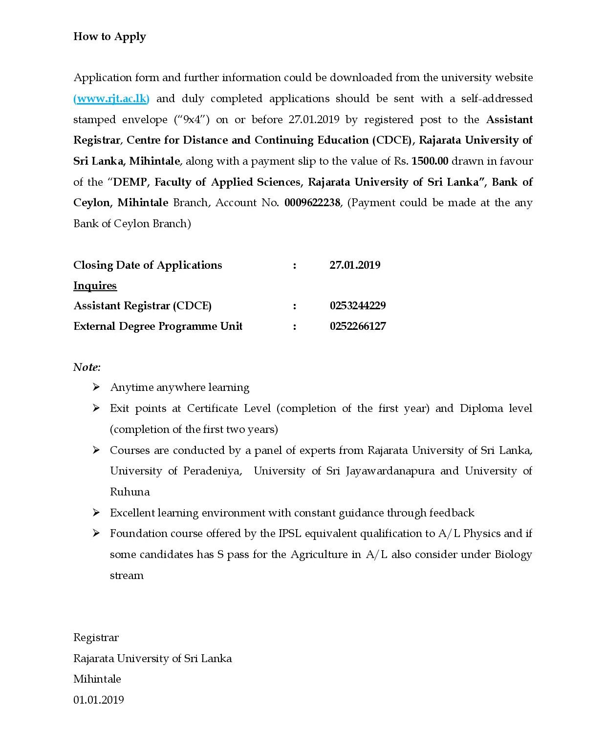 B.Sc. (External) Degree Programmes in Biological Sciences / Physical Sciences - Faculty of Applied Sciences - Rajarata University of Sri Lanka